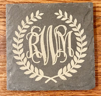 Slate Coaster - Etched With Monogram and Laurels