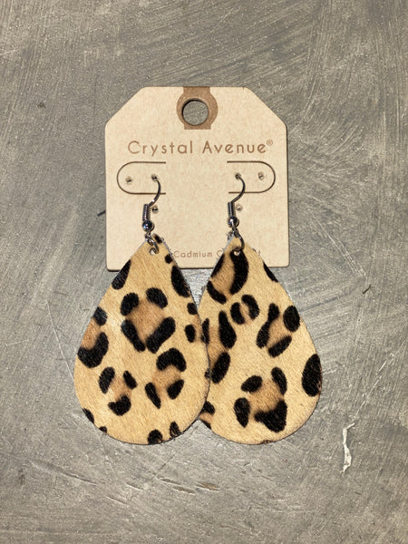 Leather Earrings - Tan Leopard Teardrop