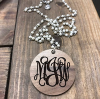 Wooden Pendant with Engraved Monogram on 36” Pearl Chain